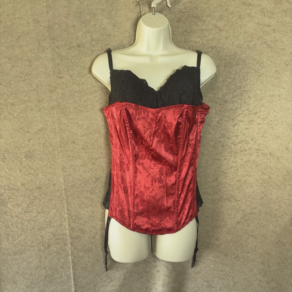 Fredericks Of Hollywood Bra‎ Corset Sz 40 Red Satin Lace Up Cincher Burlesque
